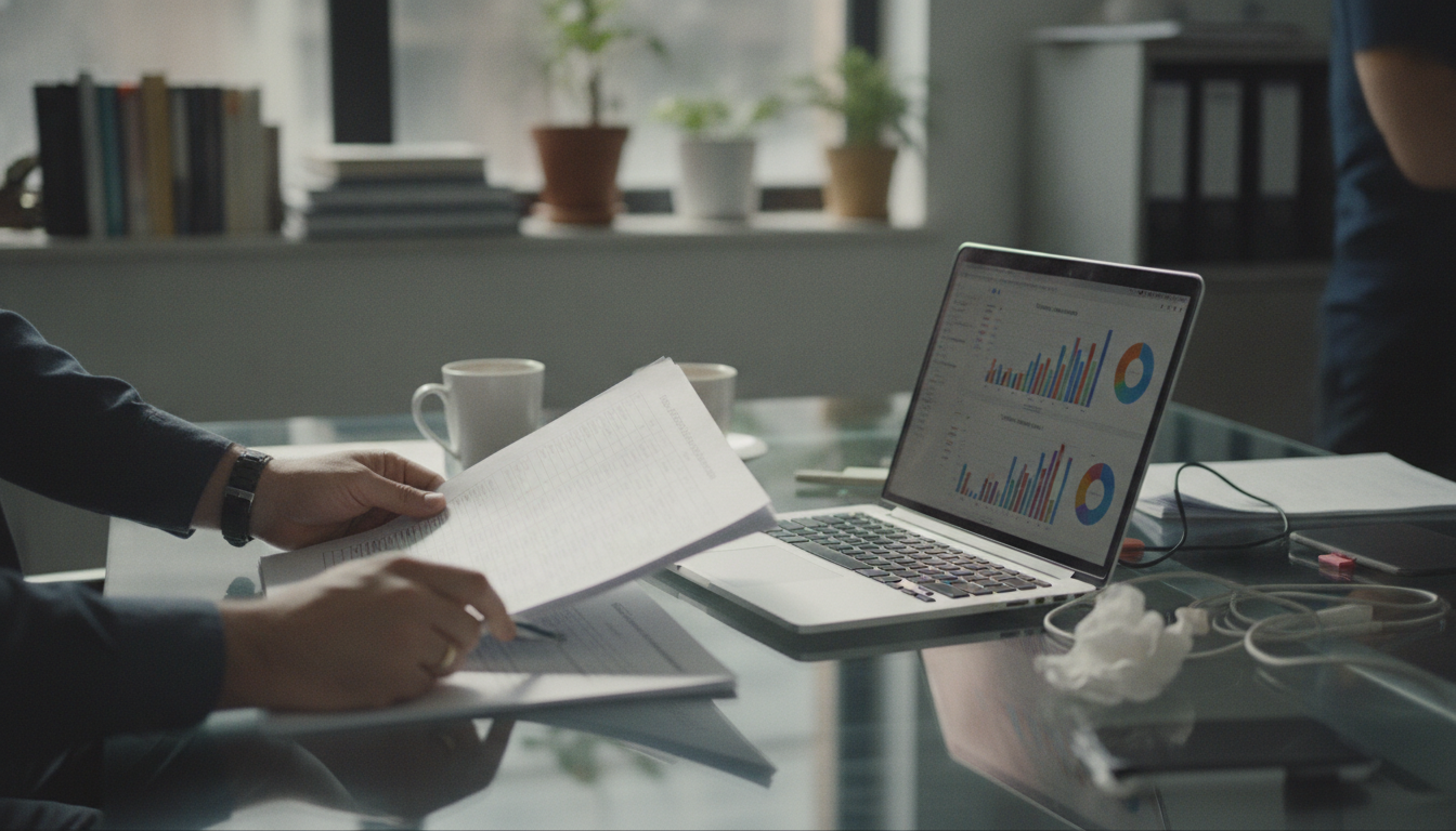Close-up of hands reviewing a printed data compliance checklist beside a laptop showing a system dashboard