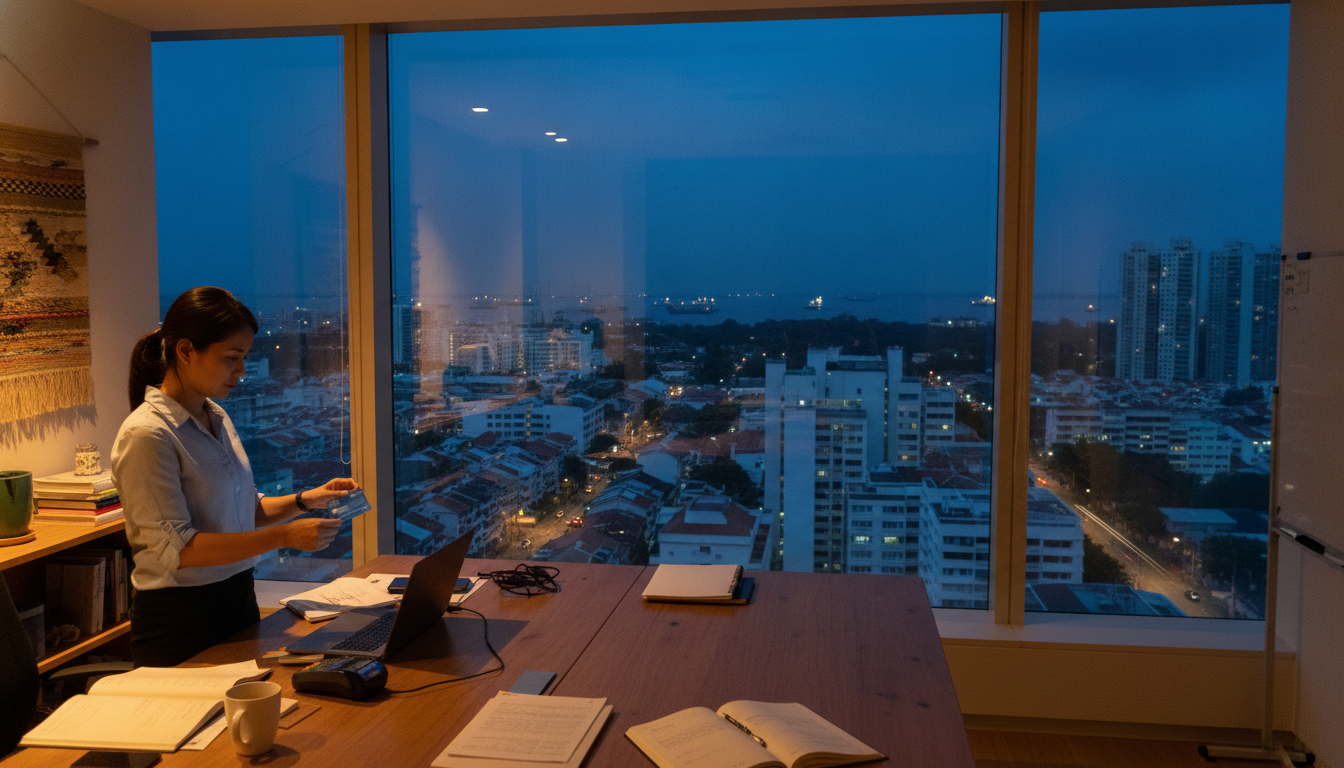 An engineer standing at a desk beside a full-height window at blue hour, holding a bank card, with a card reader and open notebooks on the table