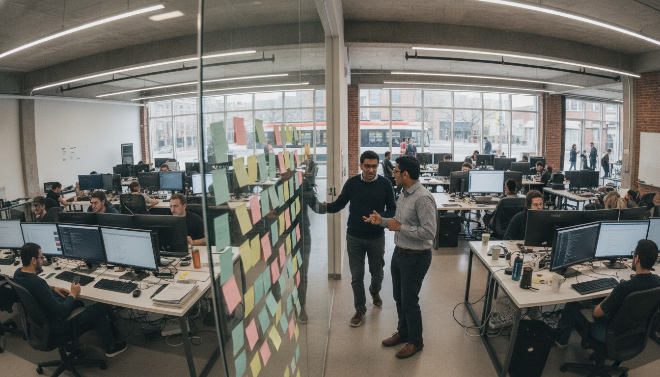 A large open-plan software delivery floor with rows of developers at dual-monitor desks and two people talking beside a glass wall covered in coloured sticky notes