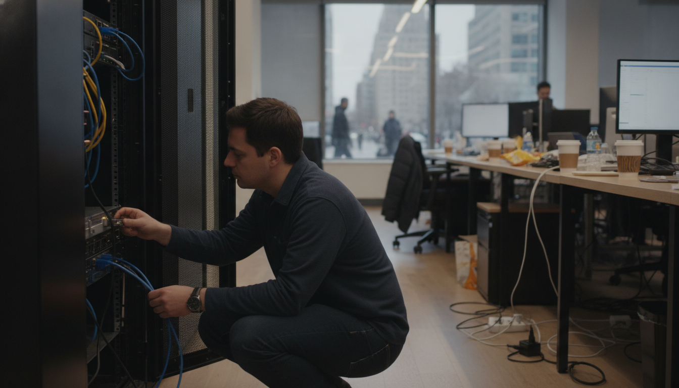 An engineer crouched at an open server rack connecting cabling, with an office floor of workstations behind them
