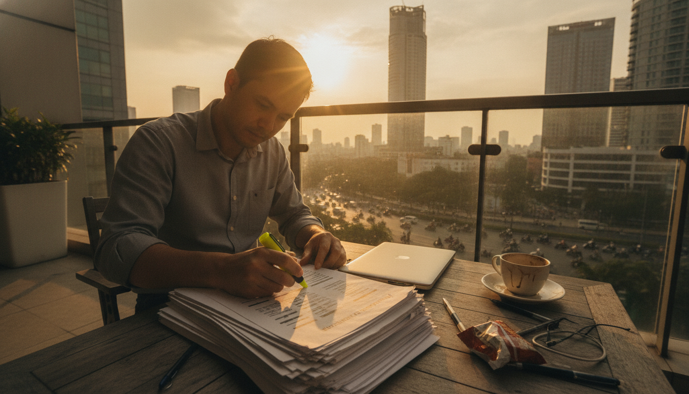 A person working through a thick printed stack of pages with a highlighter at a table overlooking a city at sunset, laptop closed beside them
