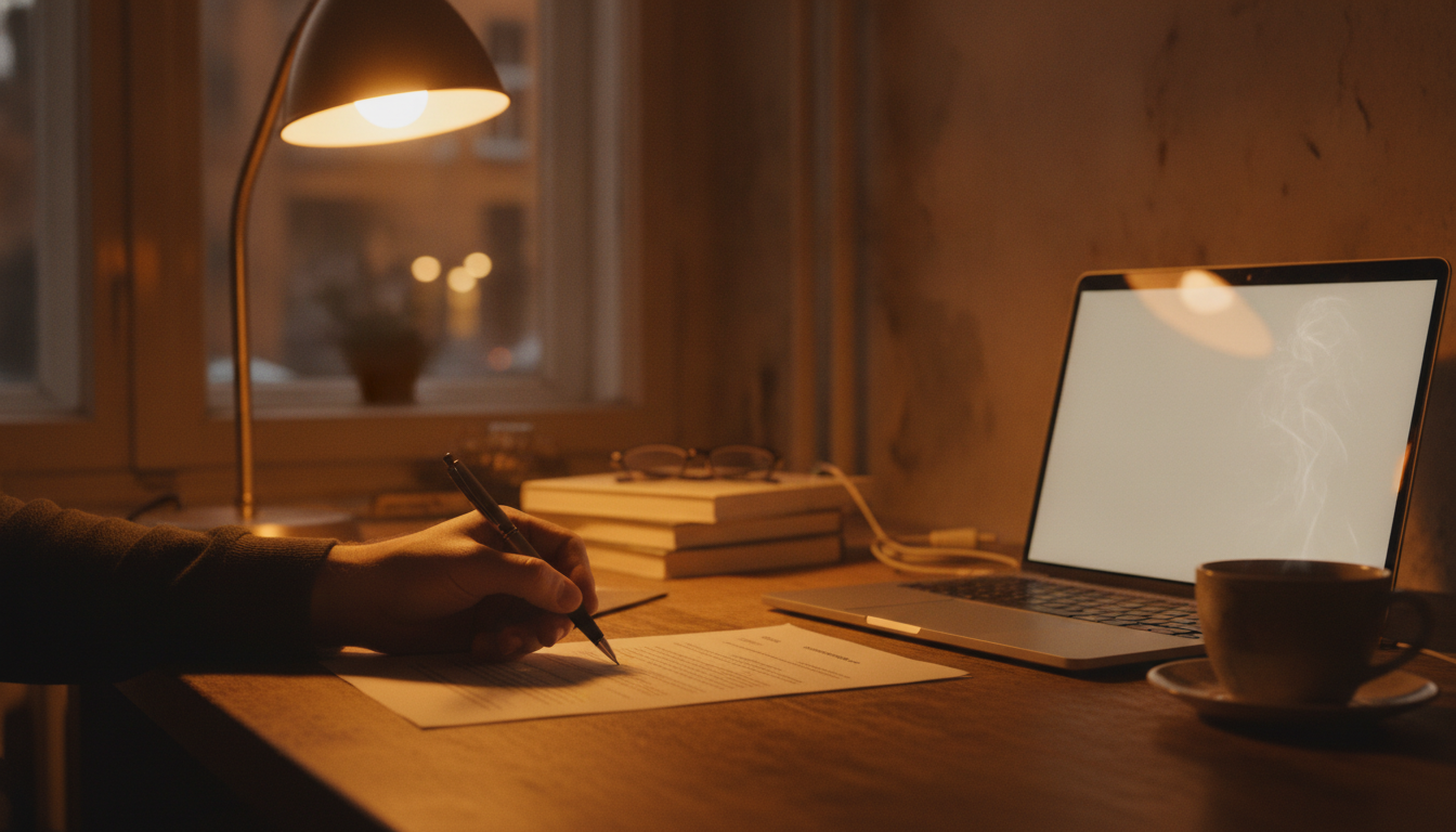A hand signing the last page of a printed agreement under a desk lamp, laptop and a cup of tea on the same desk