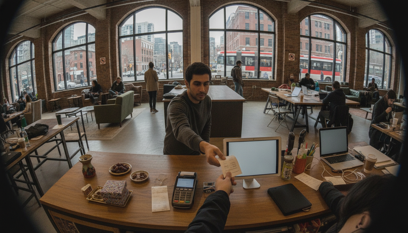 A counter with a card payment terminal, a tablet on a stand and a plate of dates, where a worker is handing a paper receipt to a customer
