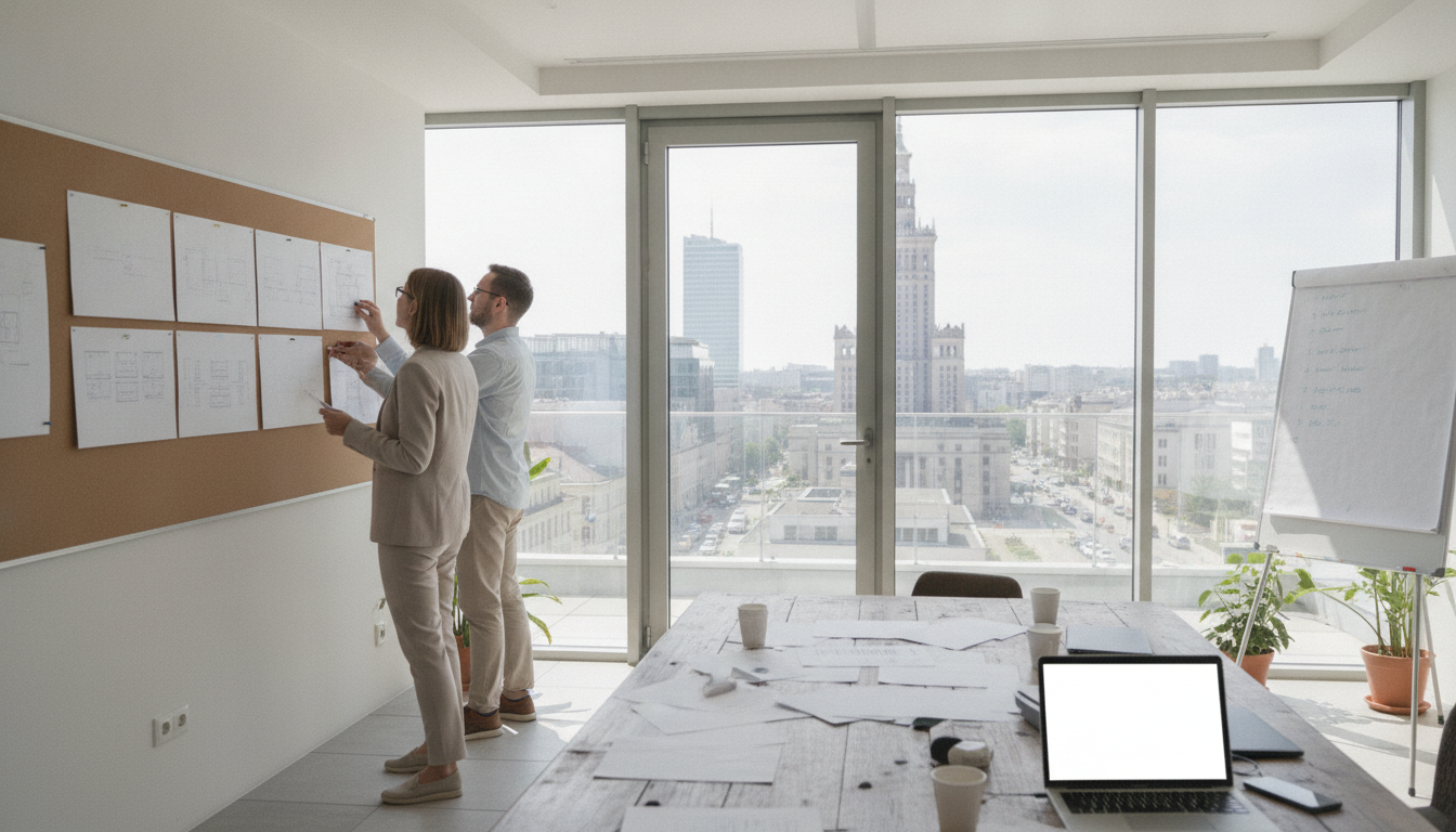 Two people pinning printed architecture diagrams in sequence to a board on the wall of a bright meeting room overlooking a city