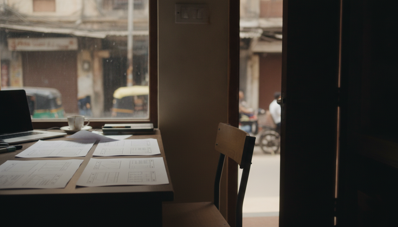 Printed wireframe sheets spread across a desk beside a laptop and a cup, with a street visible through the window behind