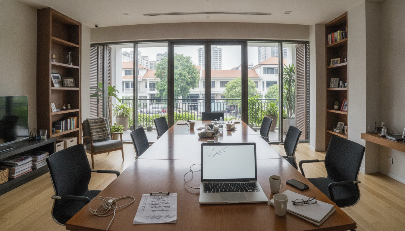 An empty boardroom after a meeting, with a marked-up checklist on a clipboard, an open laptop and a coffee cup left on the long table