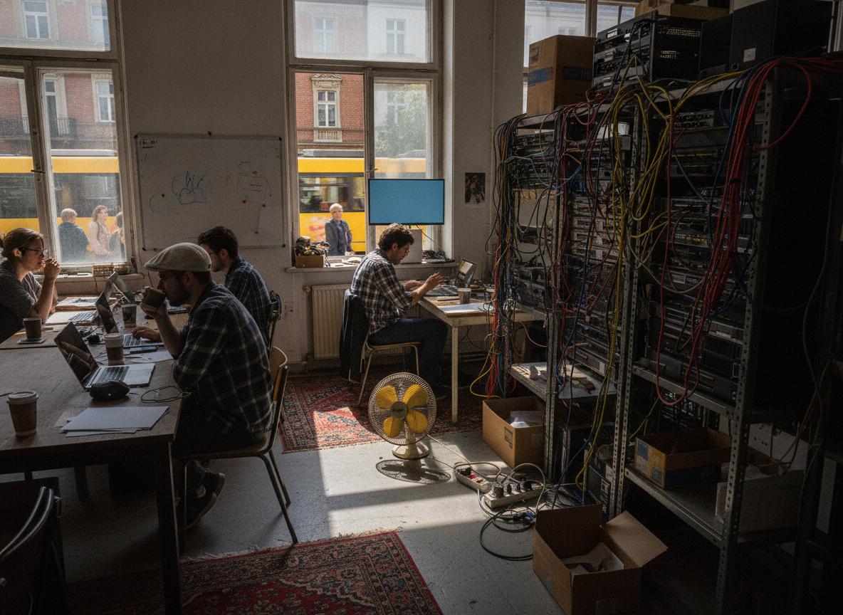 An office room where staff work at laptops beside floor-to-ceiling racks of mismatched server hardware wrapped in tangled red, yellow and blue cabling, with a desk fan on the floor