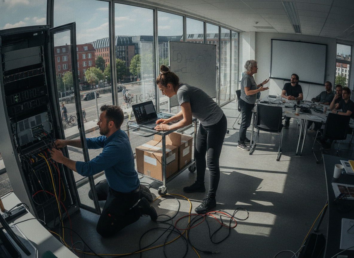 Two engineers working at an open server cabinet in a glass-walled office, one kneeling at the cabling while the other works from a laptop on a trolley beside packing boxes