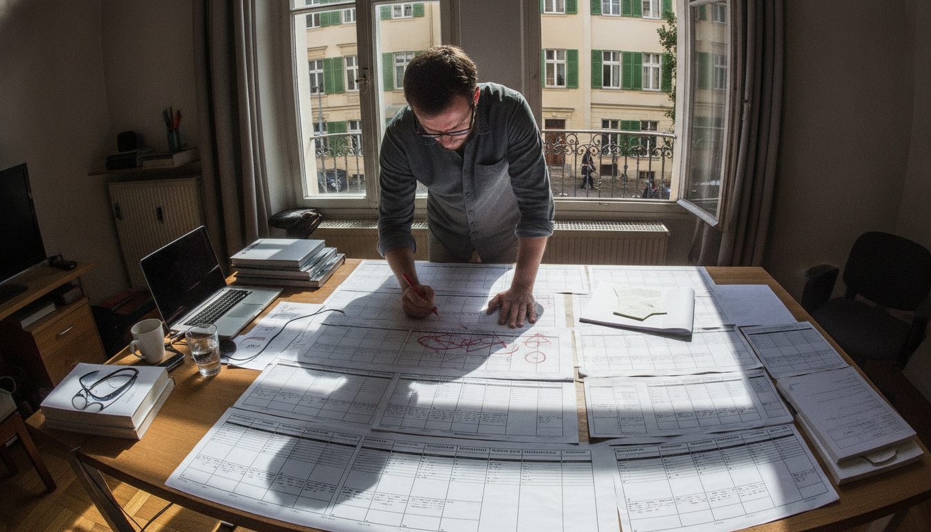 A man leaning over a table covered edge to edge with printed database schema pages, marking relationships between tables in red pen