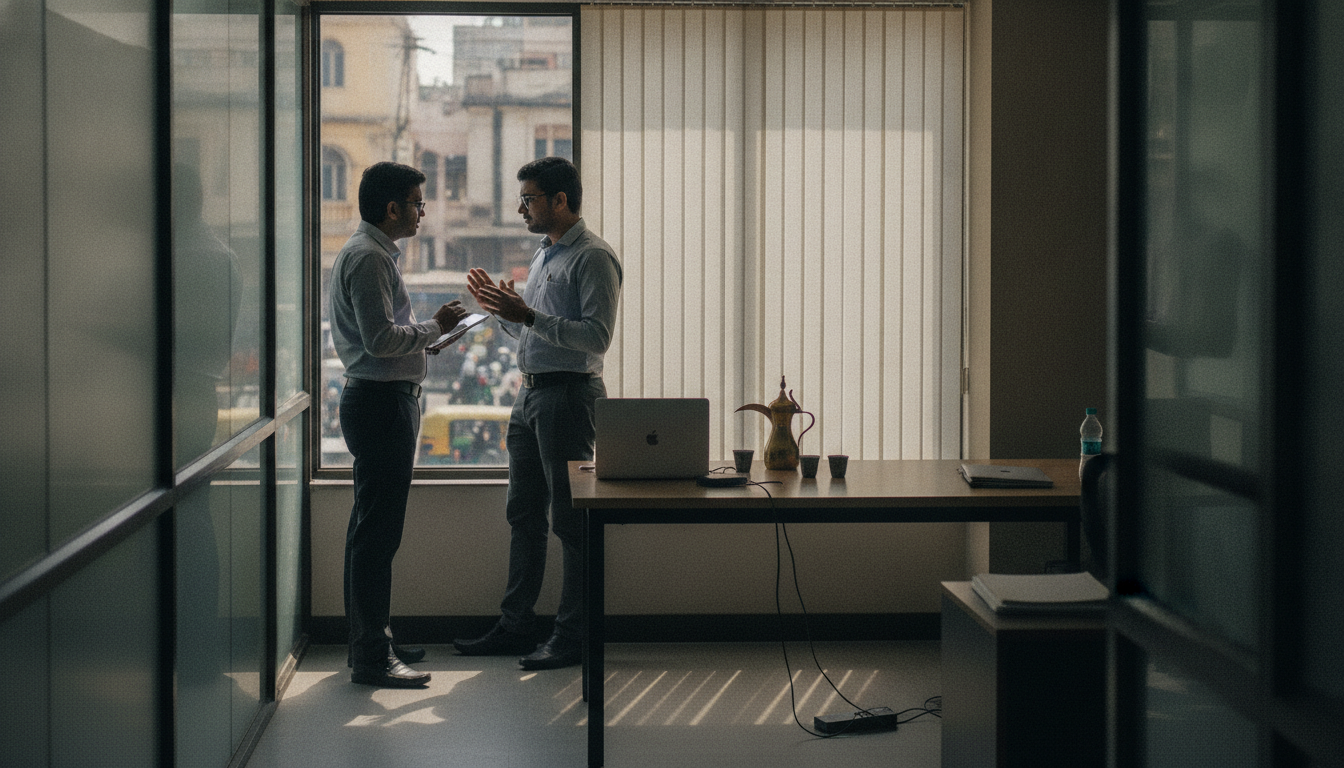 A laptop and an external drive alone on a meeting-room table with a brass dallah coffee pot and two cups beside them