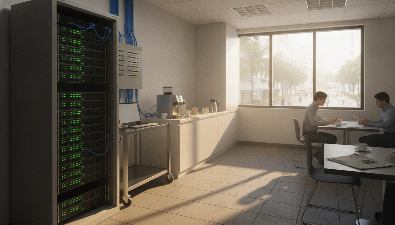 A single server rack with green status lights and bundled blue network cables, an open laptop on a cart beside it