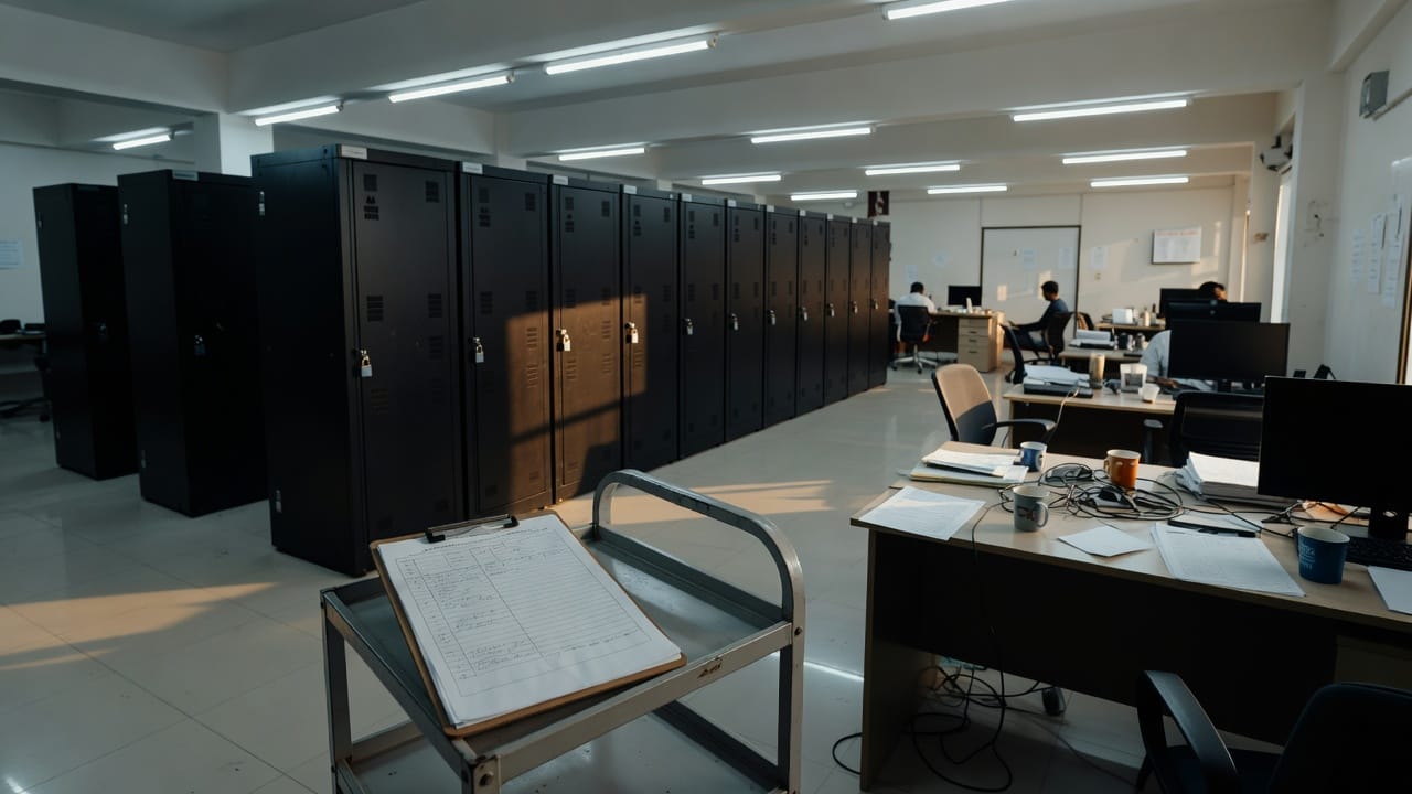 A row of locked black server cabinets in a secure room, with a clipboard of signed checklists resting on a steel trolley in the foreground