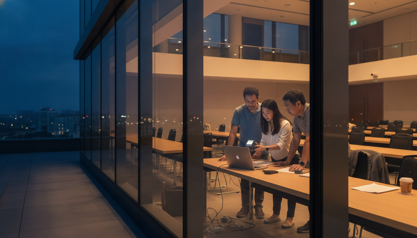 Three colleagues leaning over a laptop at a shared desk inside a glass office tower at dusk, one holding a small card payment terminal