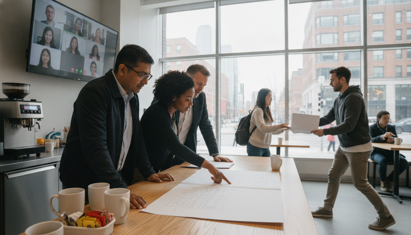 Three colleagues standing over printed project plans on a table while a wall screen behind them shows a video call with a remote engineering team