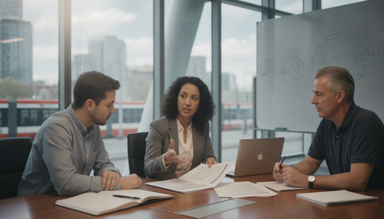 Three colleagues around a meeting table working through printed checklist pages, one mid-explanation with a laptop and notebooks in front of them