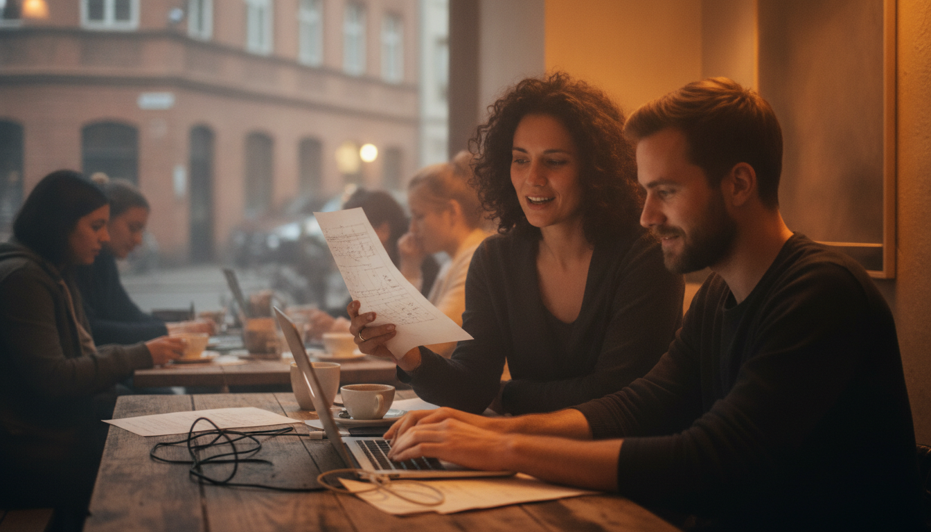 Two colleagues side by side in the evening, one holding up a printed findings sheet while the other types on a laptop, warm lamplight behind them