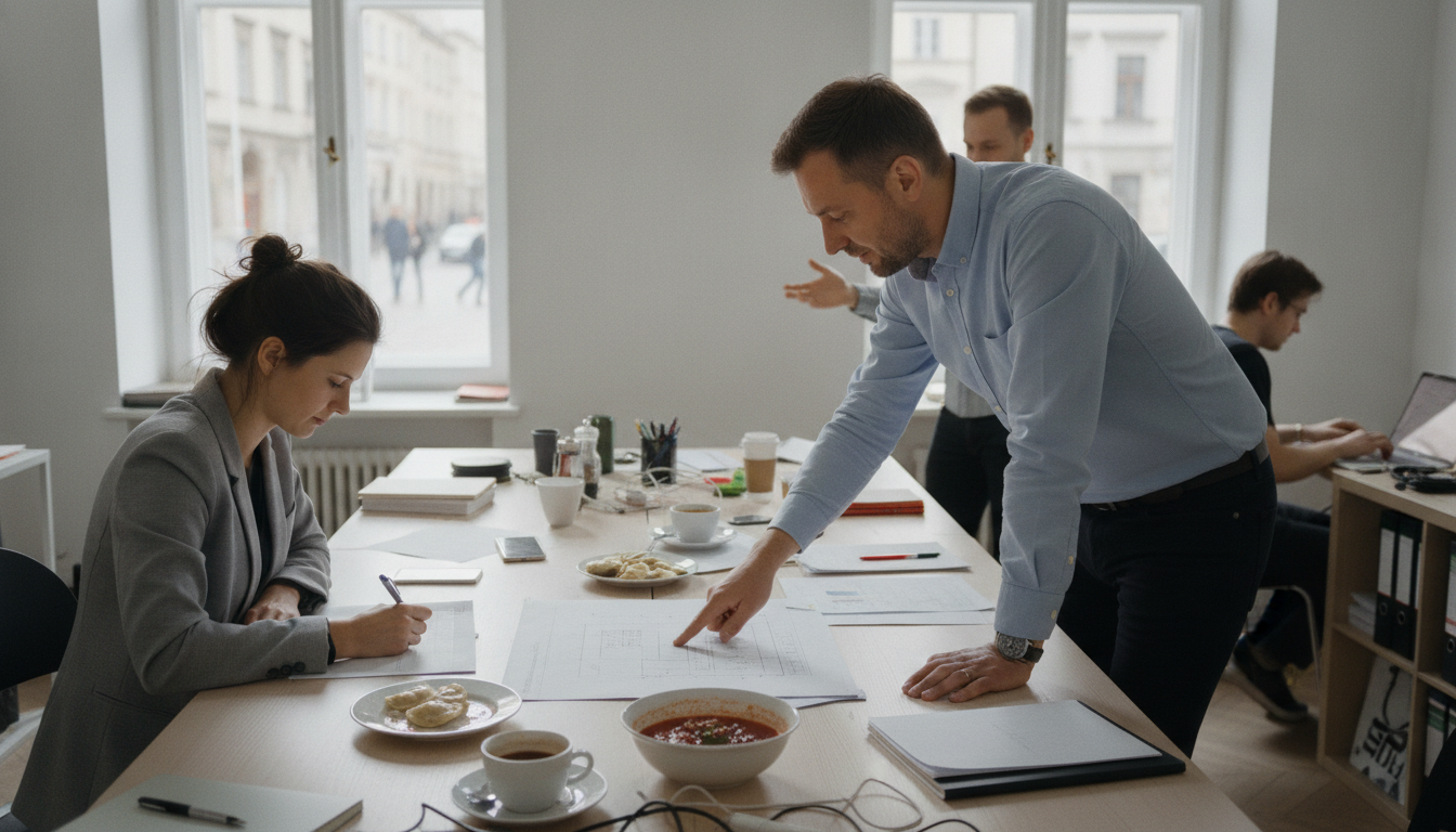 A man leaning over a bright office table pointing at a technical diagram while a woman seated opposite writes a note in the margin of her copy