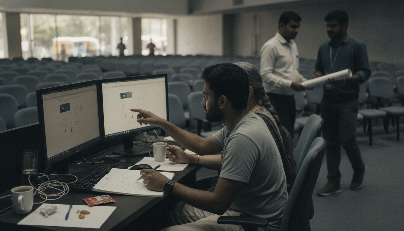 An engineer at a dual-monitor workstation pointing at two versions of the same page layout mirrored across the screens, a colleague seated beside them and a notepad on the desk