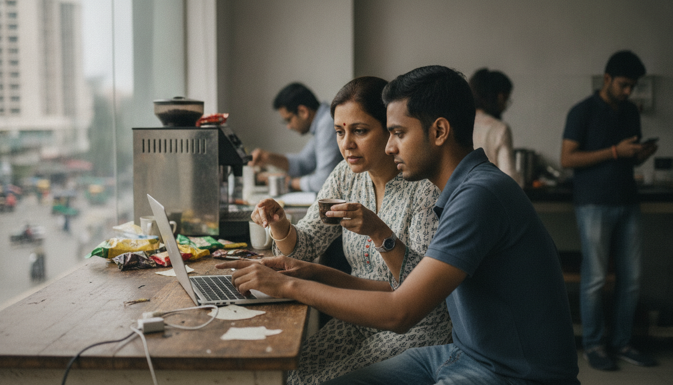 A marketing lead and a developer at a desk in a Dubai office, reviewing an article on a laptop together, one holding a small cup of Arabic coffee