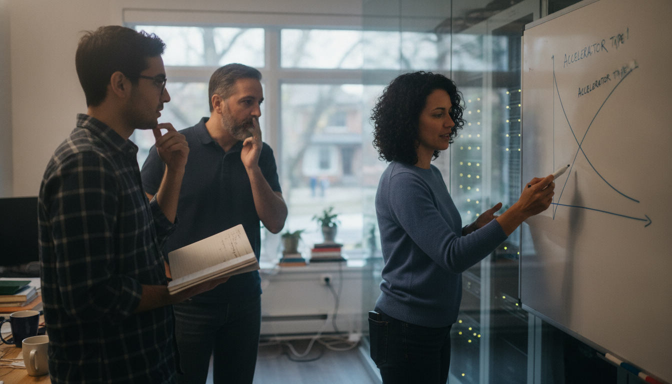 Three engineers at a whiteboard in a data centre office comparing hand-drawn performance curves for two accelerator types, server racks behind glass