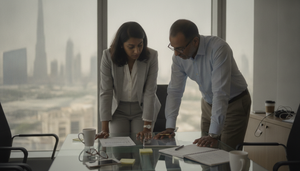 A team of enterprise software consultants reviewing a compliance checklist in a Dubai office with the skyline visible through the window